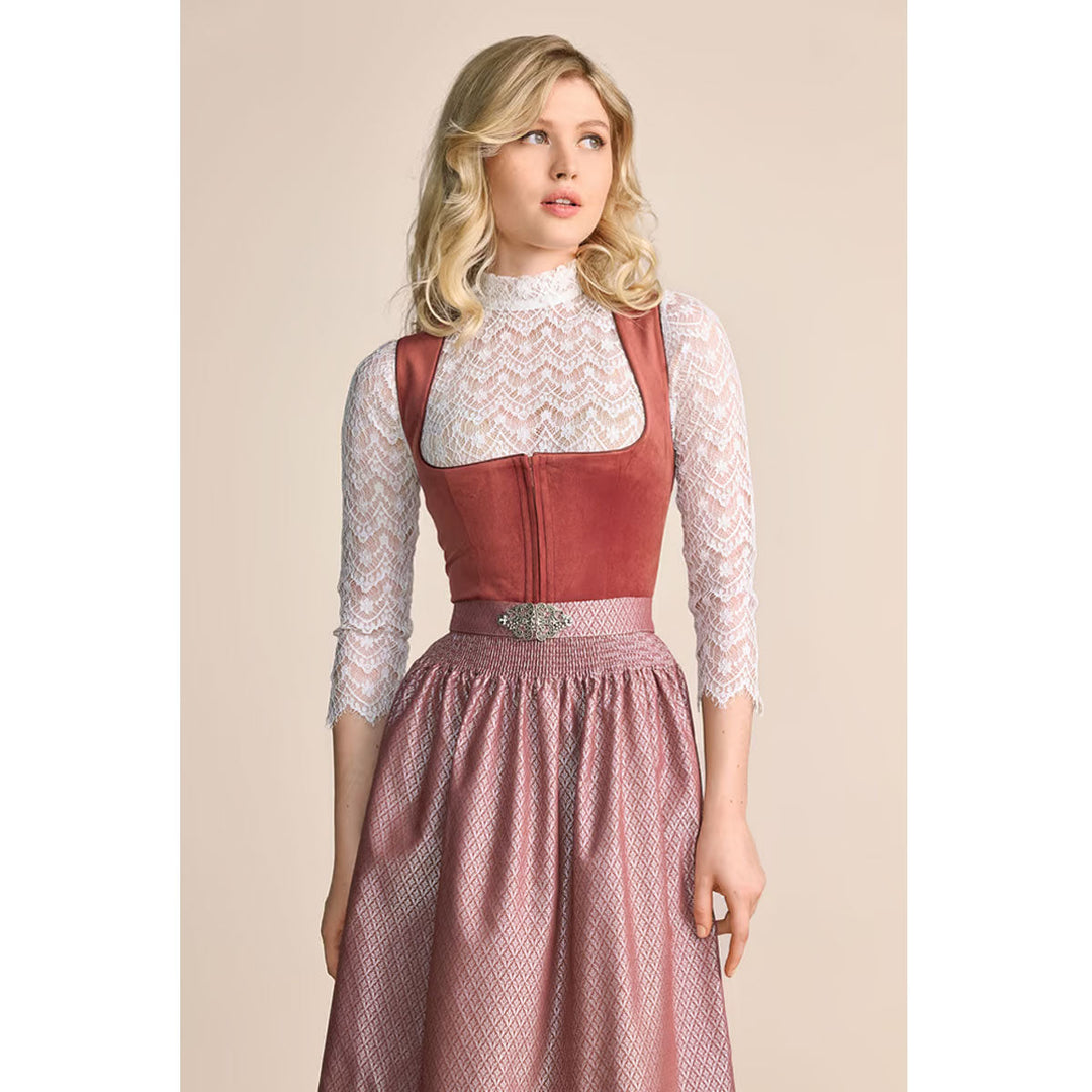 Damen Dirndl Rost Rosa | Midi Samtdirndl mit Balkonett-Ausschnitt, Reißverschluss und 60 cm Rocklänge