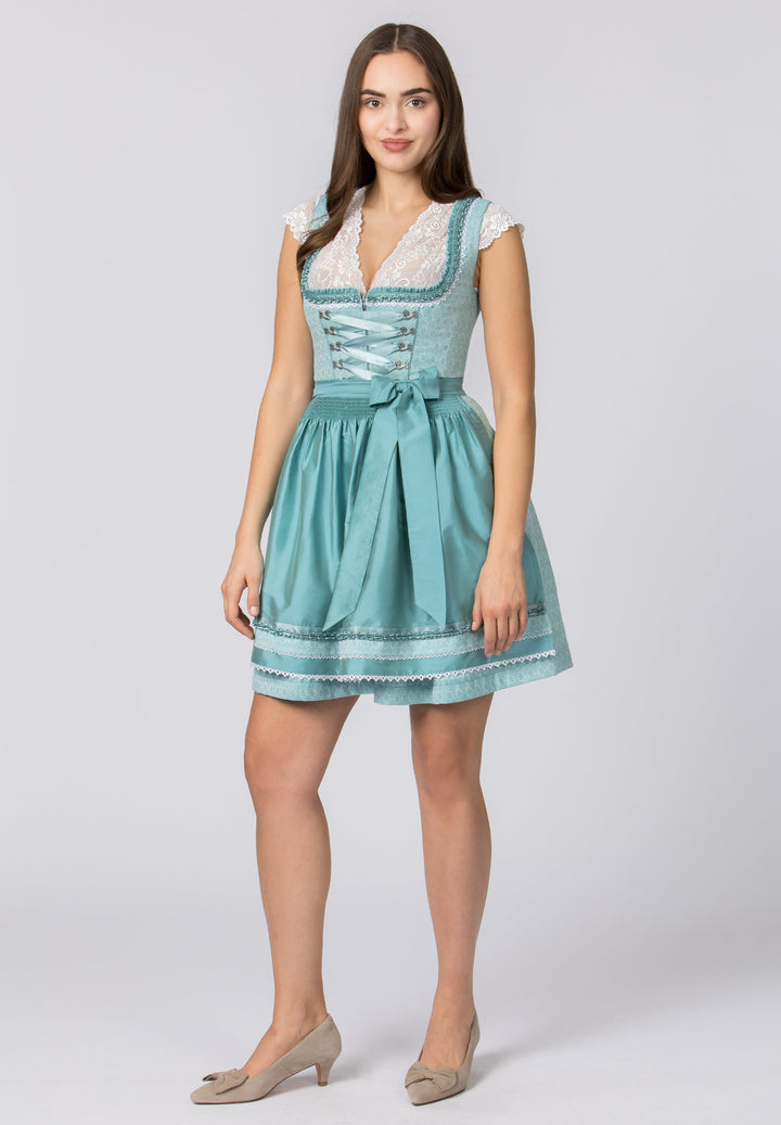 Dirndl Mini Damen | Türkisfarbenes Trachtenkleid mit Schnürmieder, Schürze und 50 cm Rocklänge