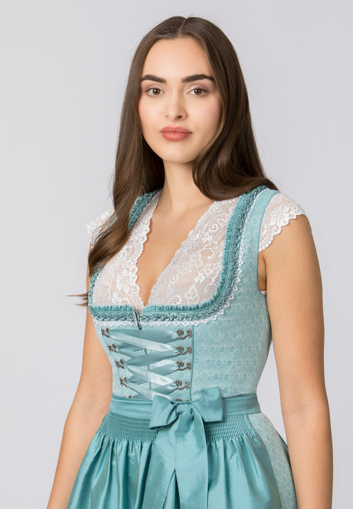 Dirndl Mini Damen | Türkisfarbenes Trachtenkleid mit Schnürmieder, Schürze und 50 cm Rocklänge