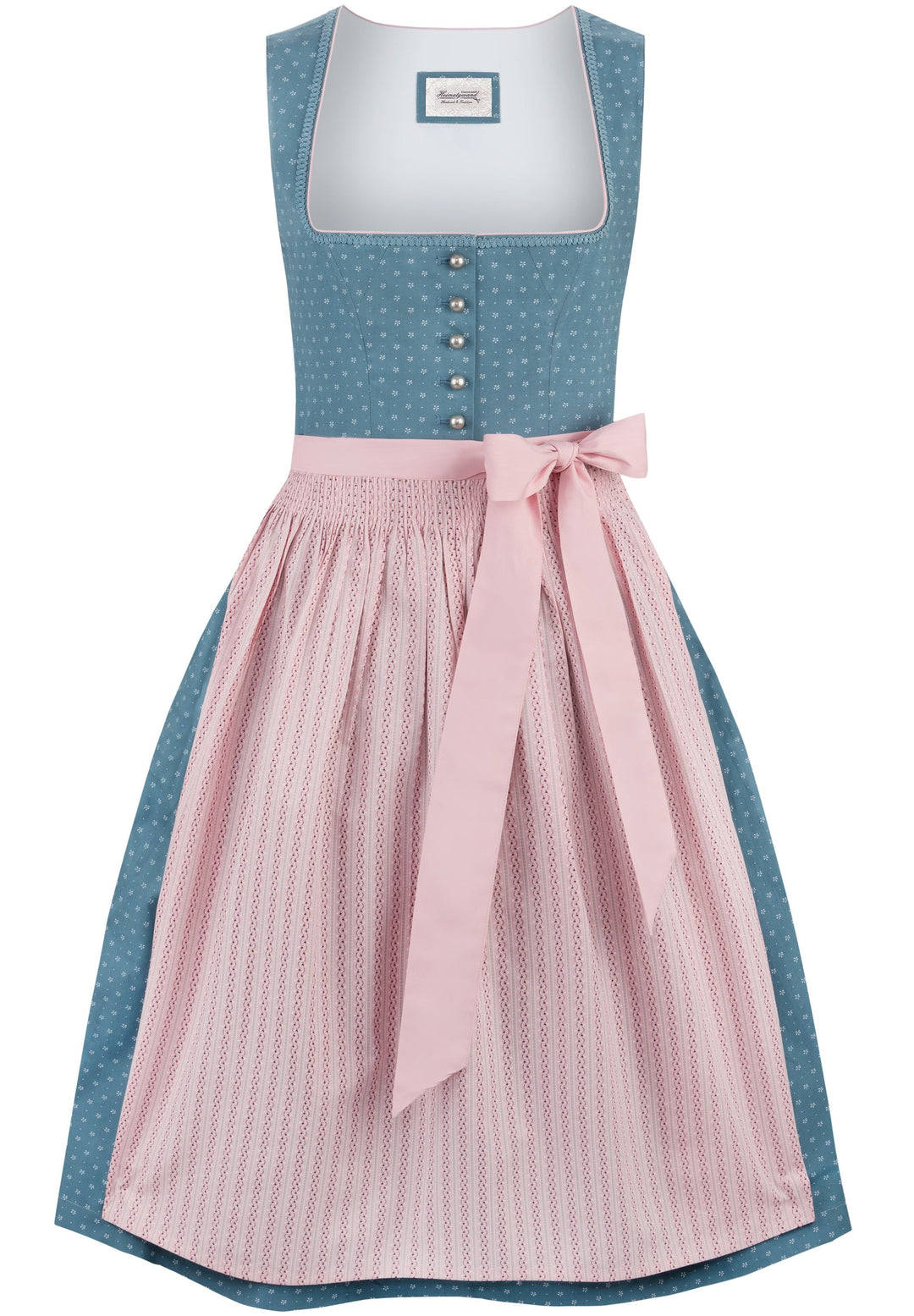 Dirndl lang Damen | Rauchblaues Trachtenkleid mit geradem Ausschnitt, Zierknöpfen und 70 cm Rocklänge