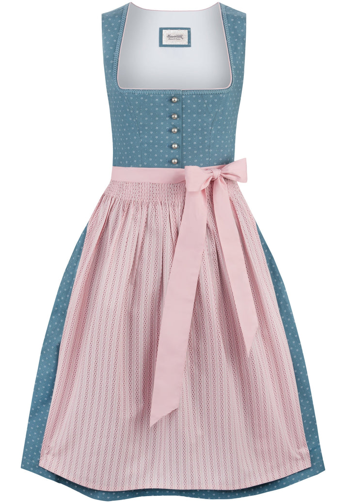 Dirndl lang Damen | Rauchblaues Trachtenkleid mit geradem Ausschnitt, Zierknöpfen und 70 cm Rocklänge