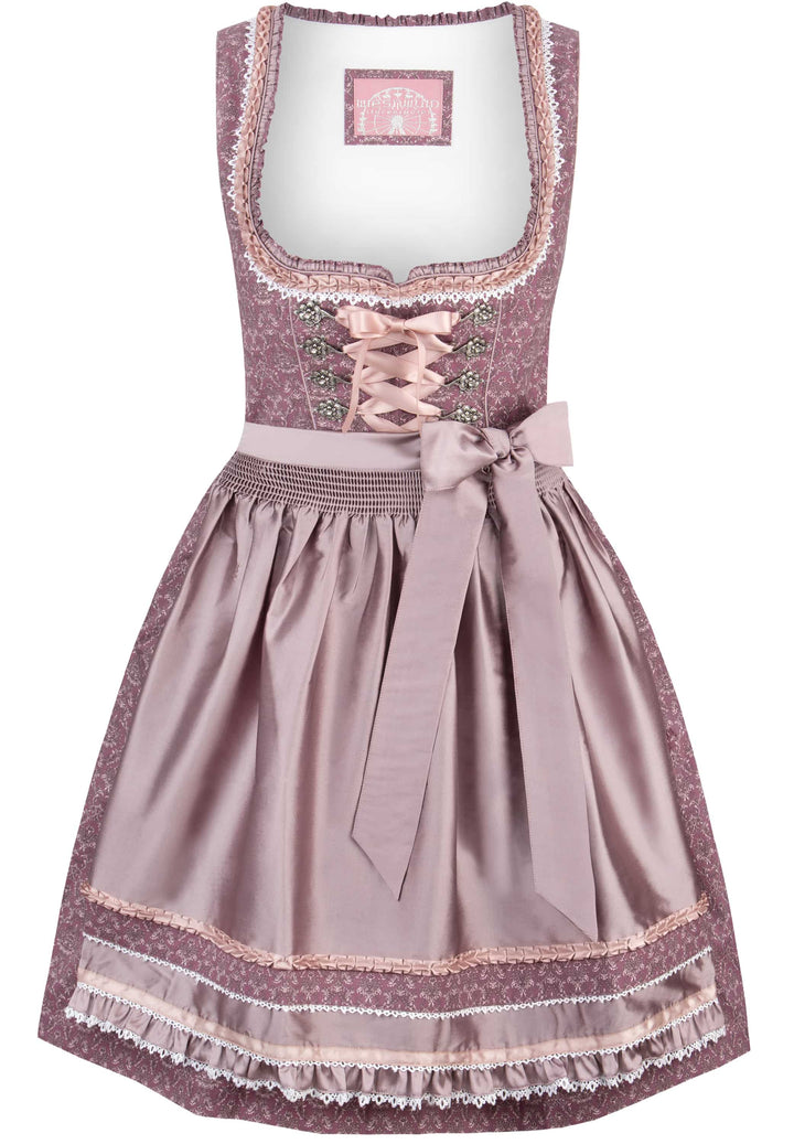 Dirndl Mini Damen | Beerenfarbenes Trachtenkleid mit Schnürmieder, Schürze und 55 cm Rocklänge