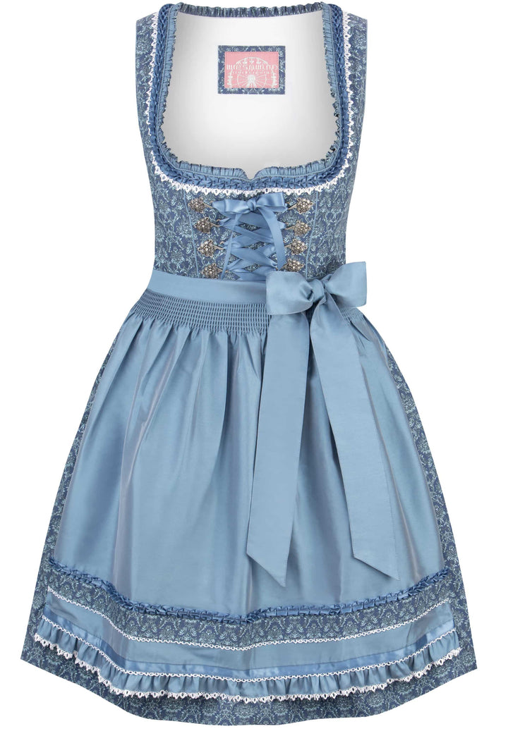 Dirndl Mini Damen | Blaues Trachtenkleid mit Schnürmieder, Schürze und 55 cm Rocklänge