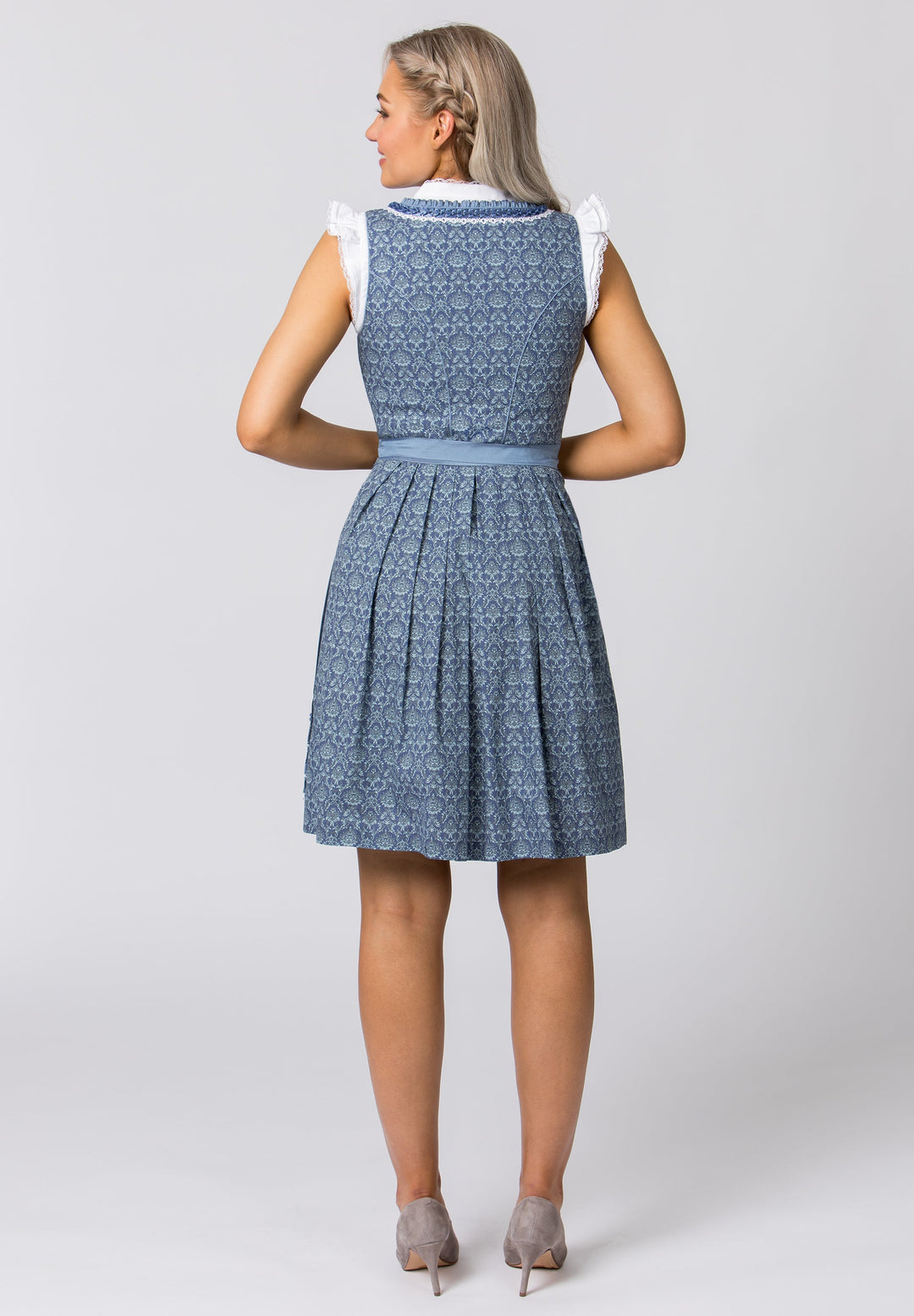 Dirndl Mini Damen | Blaues Trachtenkleid mit Schnürmieder, Schürze und 55 cm Rocklänge