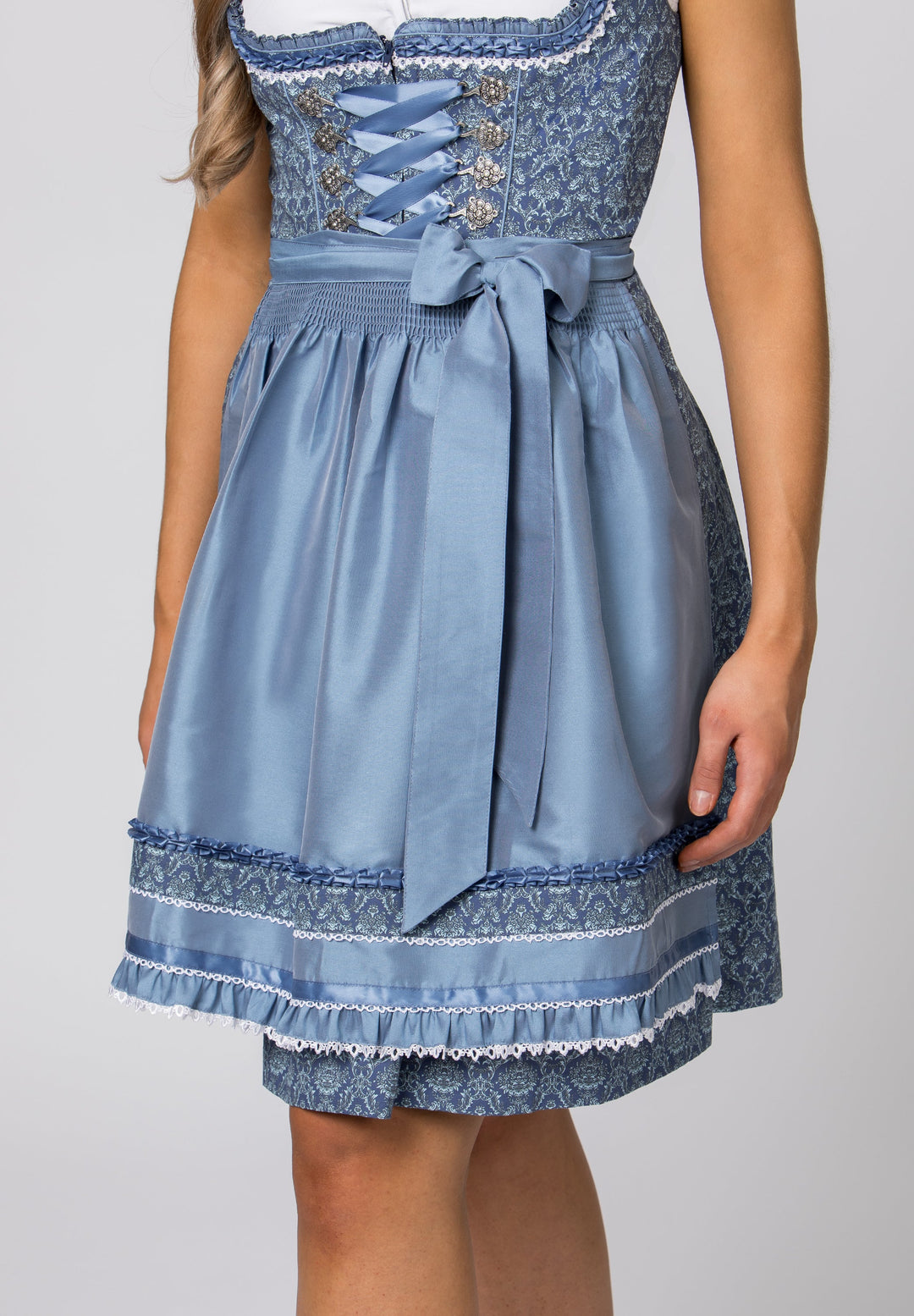 Dirndl Mini Damen | Blaues Trachtenkleid mit Schnürmieder, Schürze und 55 cm Rocklänge