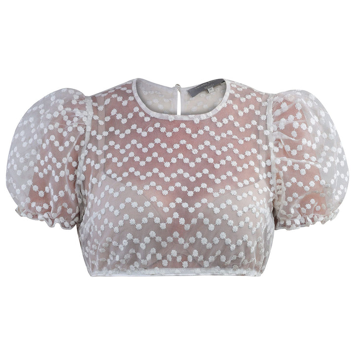 Damen Dirndlbluse Off-White | Kurzarm Spitzenbluse mit Puffärmeln, Blümchenstickerei und Rundhalsausschnitt