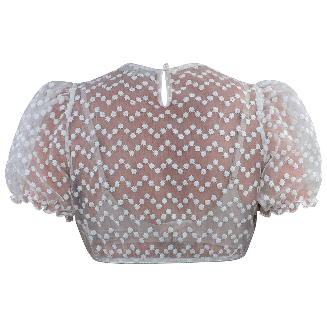 Damen Dirndlbluse Off-White | Kurzarm Spitzenbluse mit Puffärmeln, Blümchenstickerei und Rundhalsausschnitt