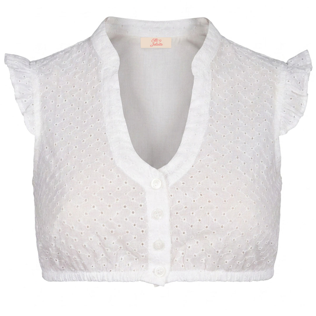 Damen Dirndlbluse Weiß | Baumwollbluse mit Lochspitze, Flügelärmeln und femininem Ausschnitt