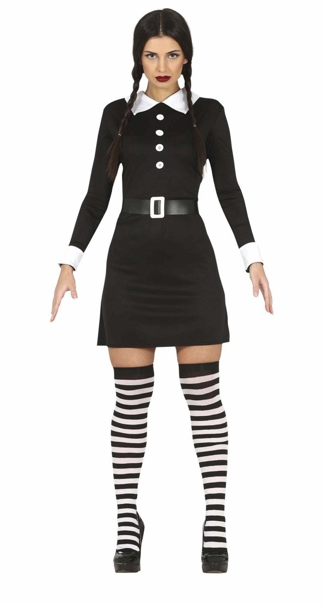 Wednesday Kostüm Damen | Schwarzes Gothic-Halloween-Kleid mit Gürtel für Mottopartys