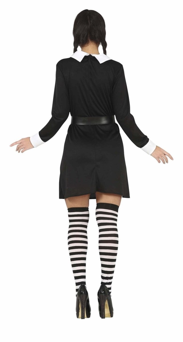 Wednesday Kostüm Damen | Schwarzes Gothic-Halloween-Kleid mit Gürtel für Mottopartys