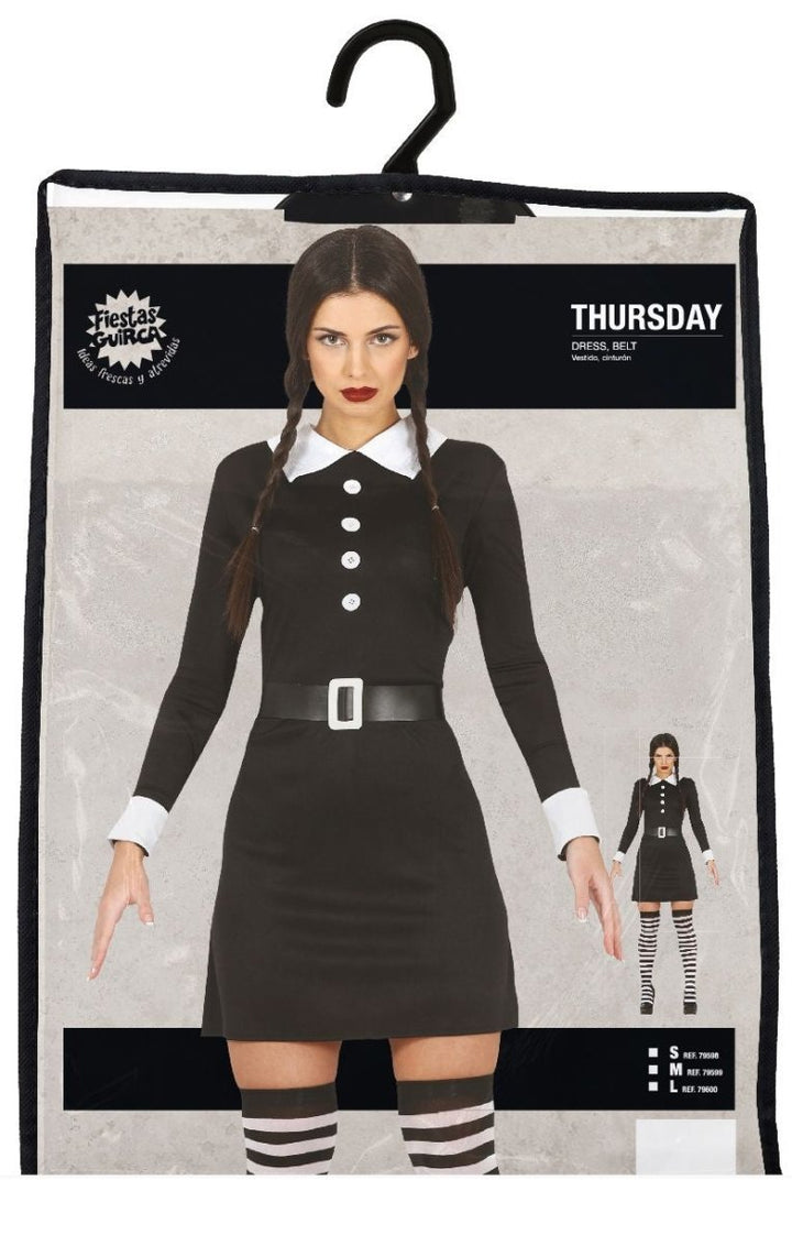 Wednesday Kostüm Damen | Schwarzes Gothic-Halloween-Kleid mit Gürtel für Mottopartys