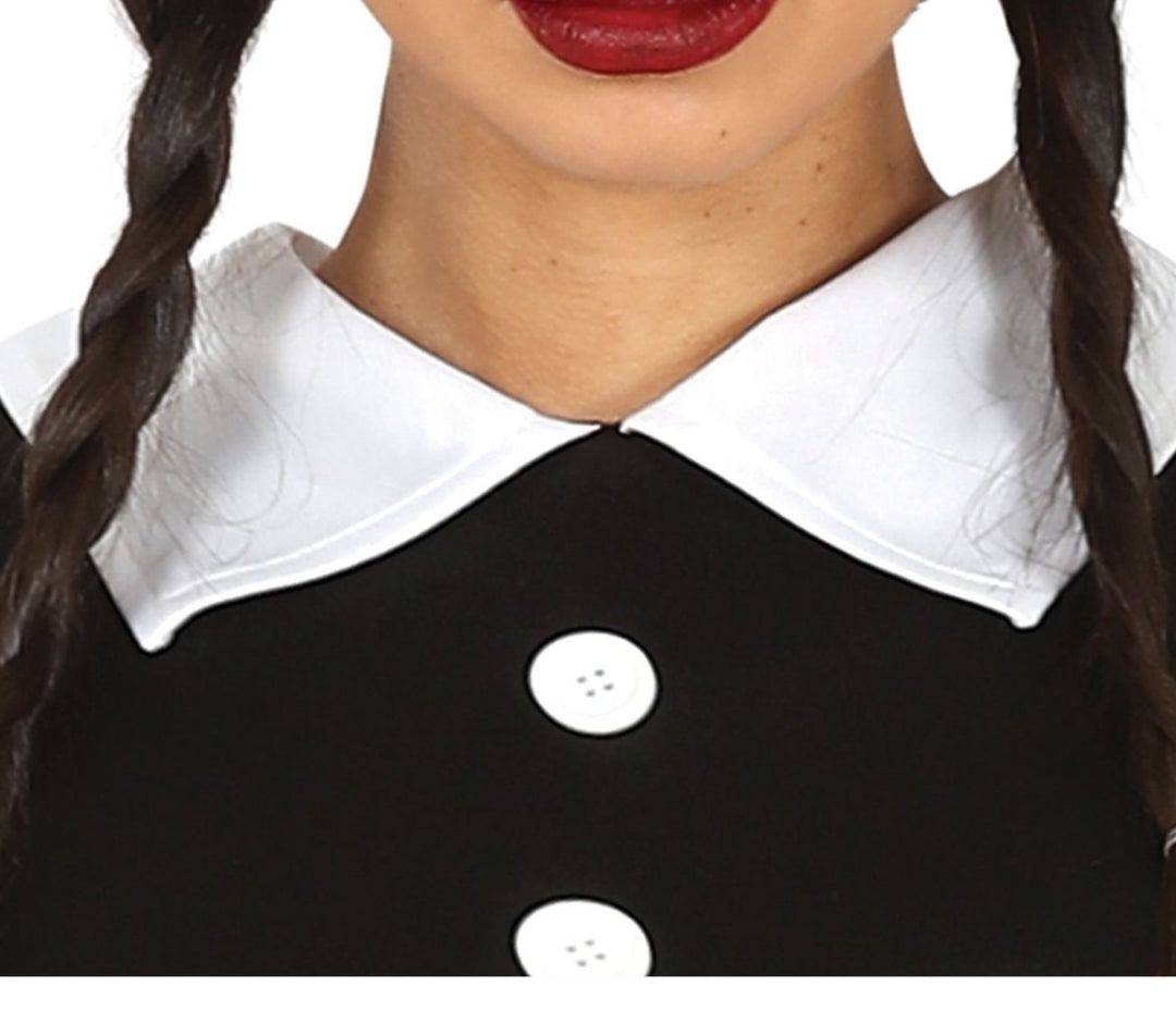Wednesday Kostüm Damen | Schwarzes Gothic-Halloween-Kleid mit Gürtel für Mottopartys
