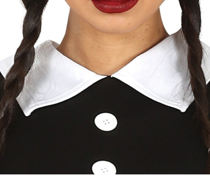Wednesday Kostüm Damen | Schwarzes Gothic-Halloween-Kleid mit Gürtel für Mottopartys