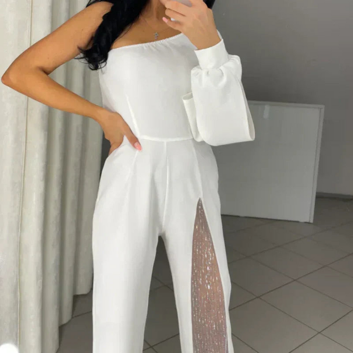 Damen One-Shoulder Jumpsuit mit Glitzer | Eleganter Abendoverall mit Weitem Bein | Figurbetonte Passform für Hochzeit &amp; Party