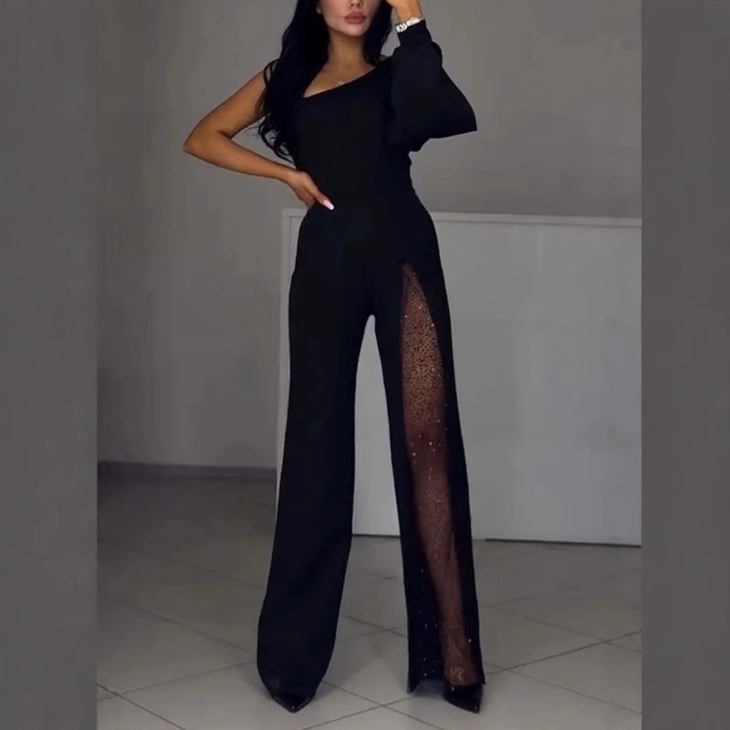 Damen One-Shoulder Jumpsuit mit Glitzer | Eleganter Abendoverall mit Weitem Bein | Figurbetonte Passform für Hochzeit &amp; Party