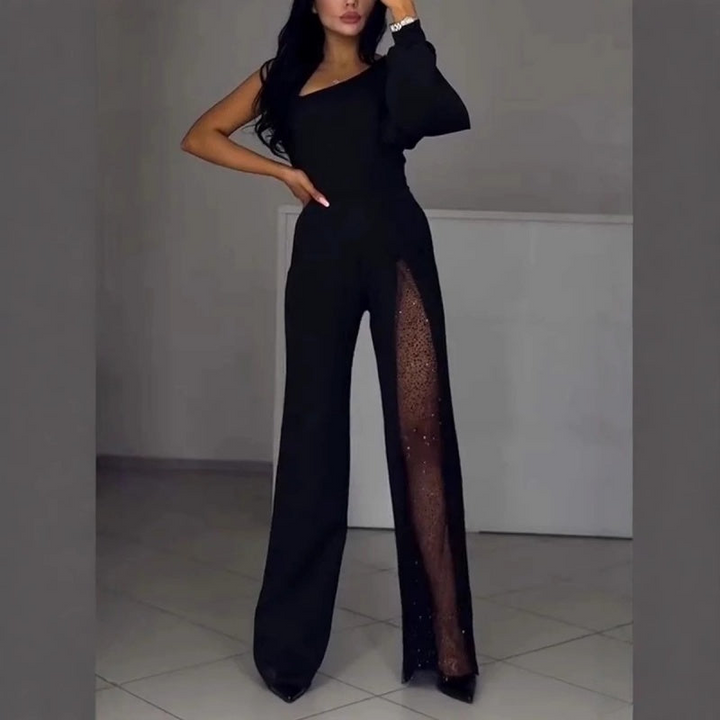 Damen One-Shoulder Jumpsuit mit Glitzer | Eleganter Abendoverall mit Weitem Bein | Figurbetonte Passform für Hochzeit &amp; Party