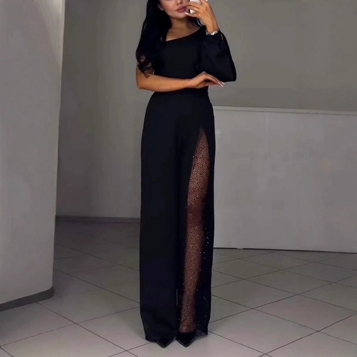 Damen One-Shoulder Jumpsuit mit Glitzer | Eleganter Abendoverall mit Weitem Bein | Figurbetonte Passform für Hochzeit &amp; Party