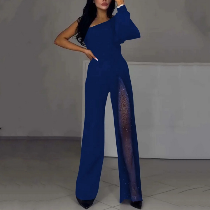 Damen One-Shoulder Jumpsuit mit Glitzer | Eleganter Abendoverall mit Weitem Bein | Figurbetonte Passform für Hochzeit &amp; Party