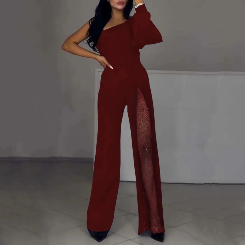 Damen One-Shoulder Jumpsuit mit Glitzer | Eleganter Abendoverall mit Weitem Bein | Figurbetonte Passform für Hochzeit &amp; Party