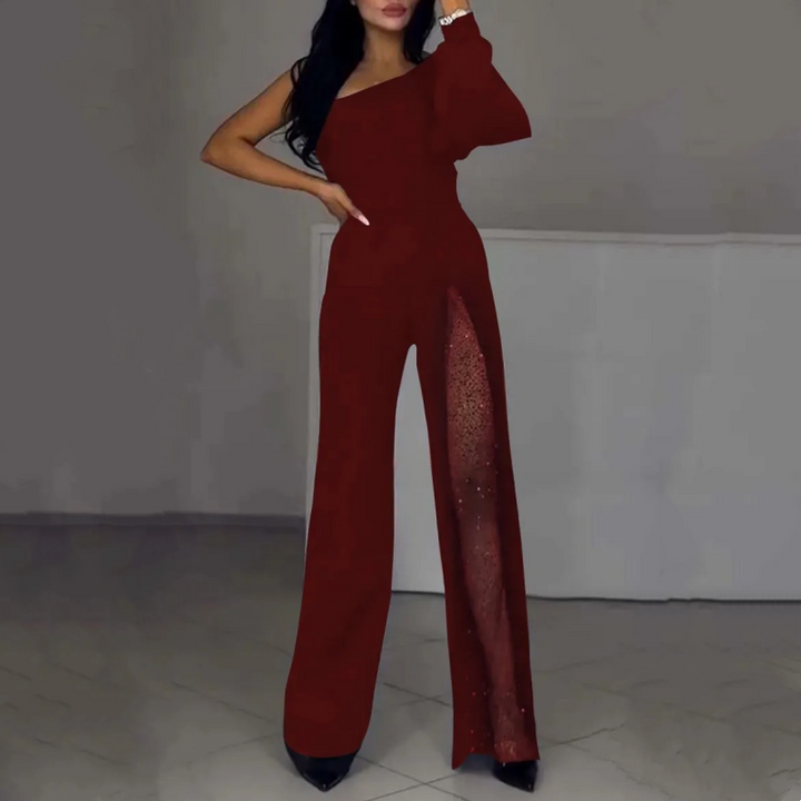 Damen One-Shoulder Jumpsuit mit Glitzer | Eleganter Abendoverall mit Weitem Bein | Figurbetonte Passform für Hochzeit &amp; Party