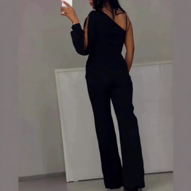 Damen One-Shoulder Jumpsuit mit Glitzer | Eleganter Abendoverall mit Weitem Bein | Figurbetonte Passform für Hochzeit &amp; Party