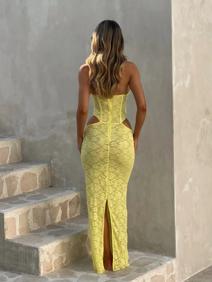 Damen Maxikleid mit Korsett &amp; Spitze | Elegantes Neckholder Abendkleid mit Schlitz | Figurbetonte Silhouette für Hochzeiten &amp; Galas