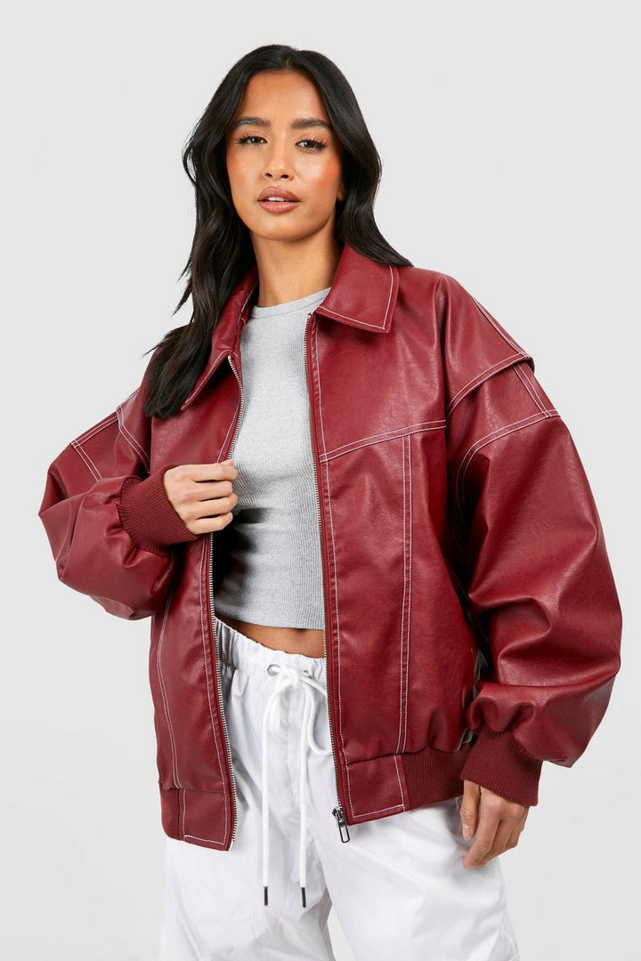 Damen Bomberjacke | Klassischer Blouson aus hochwertigem Kunstleder mit Reißverschluss und gerippten Bündchen