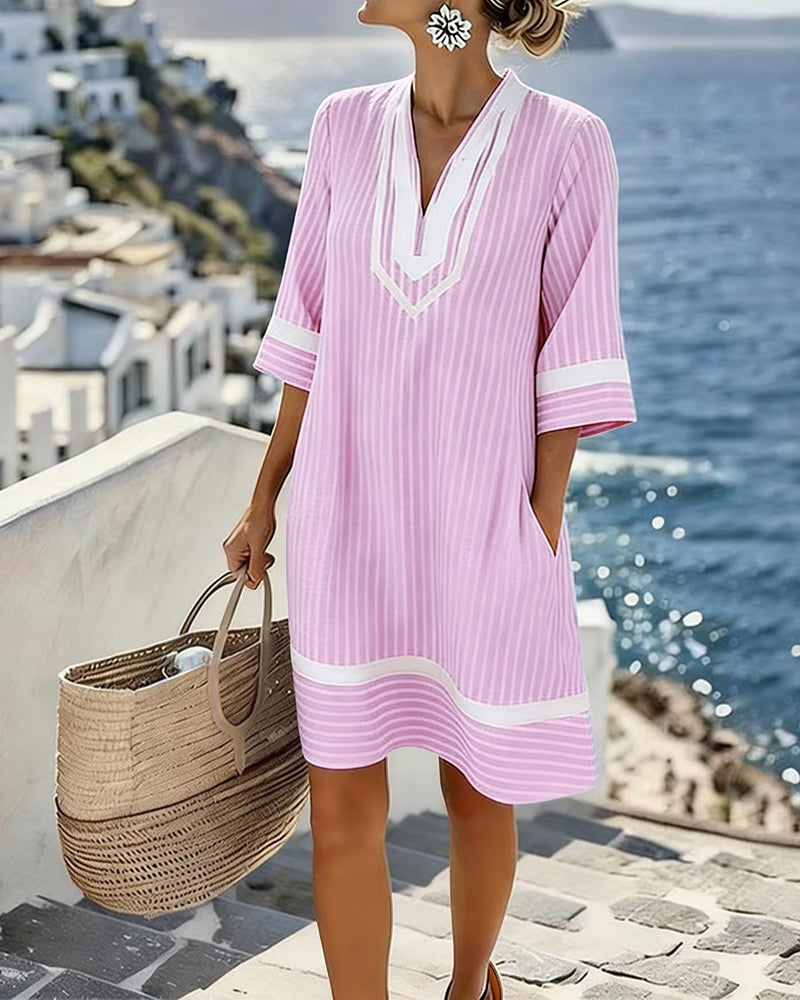 Damen Sommerkleid mit Streifen | Luftiges Shift-Kleid mit V-Ausschnitt, Seitentaschen &amp; lockerem Schnitt für Alltag &amp; Urlaub
