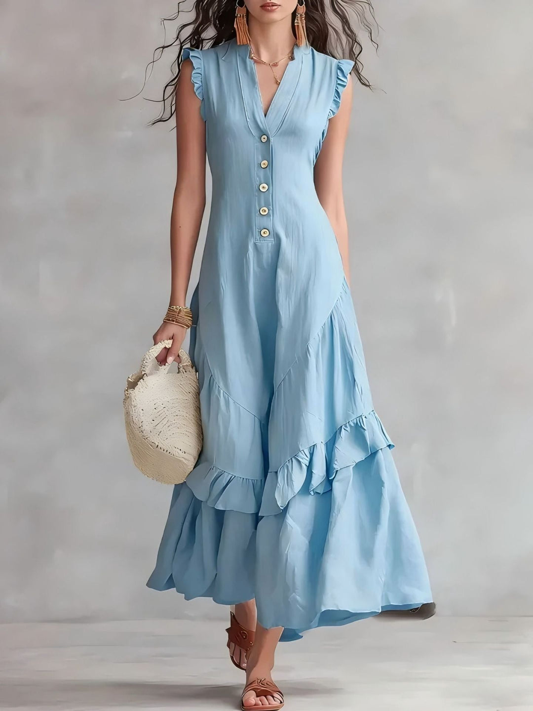 Damen Maxikleid mit Plissee | Ärmelloses Sommerkleid mit ausgestelltem Saum