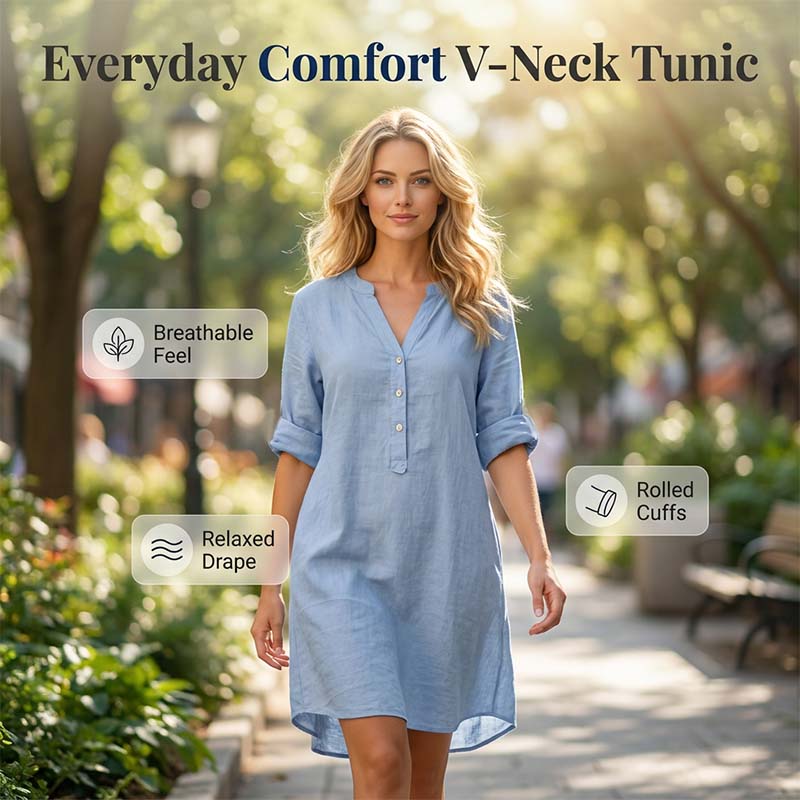 Damen Casualkleid mit V-Ausschnitt | Lockeres Sommerkleid mit verstellbaren Ärmeln