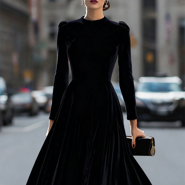 Damen Midikleid | Elegantes Langarmkleid mit tailliertem Oberteil, fließendem Rock und Schulterdetails für festliche Anlässe
