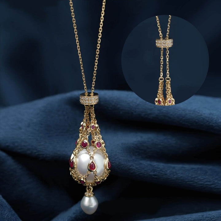 Pearl pendant with freshwater pearl &amp; gemstone | Lavalier design, timeless elegance | 35-inch chain, 14–15 mm pearl