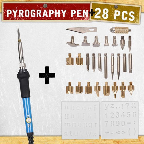 Set de pyrogravure 60W avec régulation de température 200–450°C | 28 pointes pour bois et cuir | Pour bricolage, déco et gravures