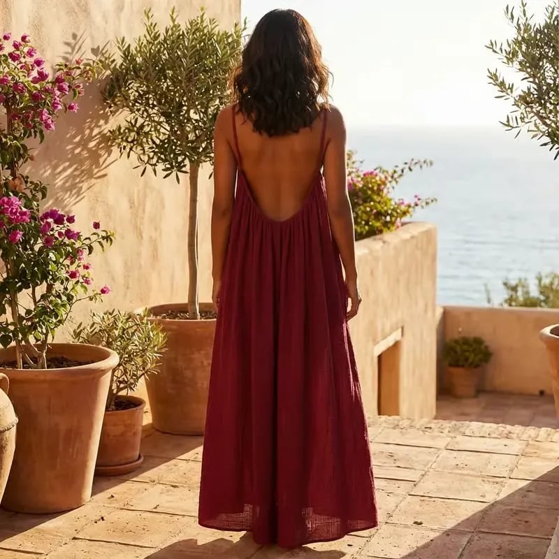 Abito cami donna senza schienale in misto cotone | Spalline sottili e vestibilità ampia | Abito estivo per vacanze e appuntamenti