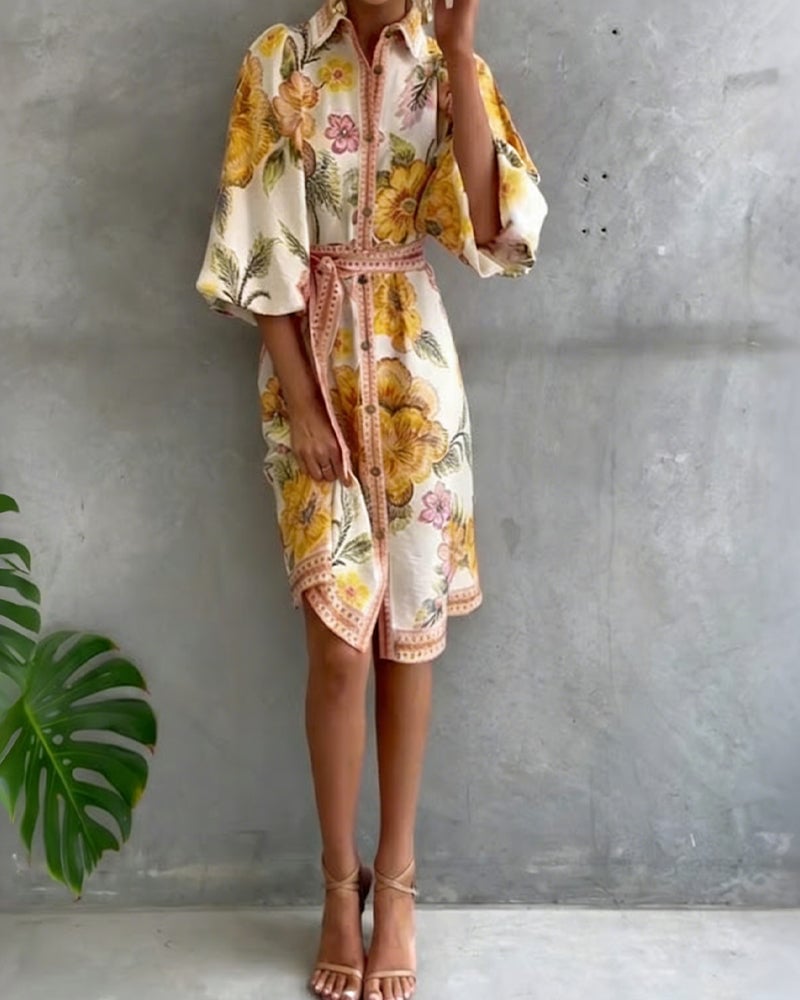 Damen A-Linien-Kleid mit Print | Knielanges Kleid mit Reverskragen und Laternenärmeln