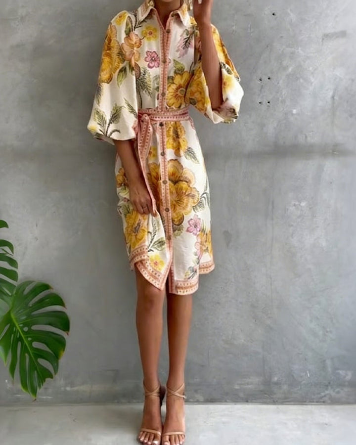 Damen A-Linien-Kleid mit Print | Knielanges Kleid mit Reverskragen und Laternenärmeln