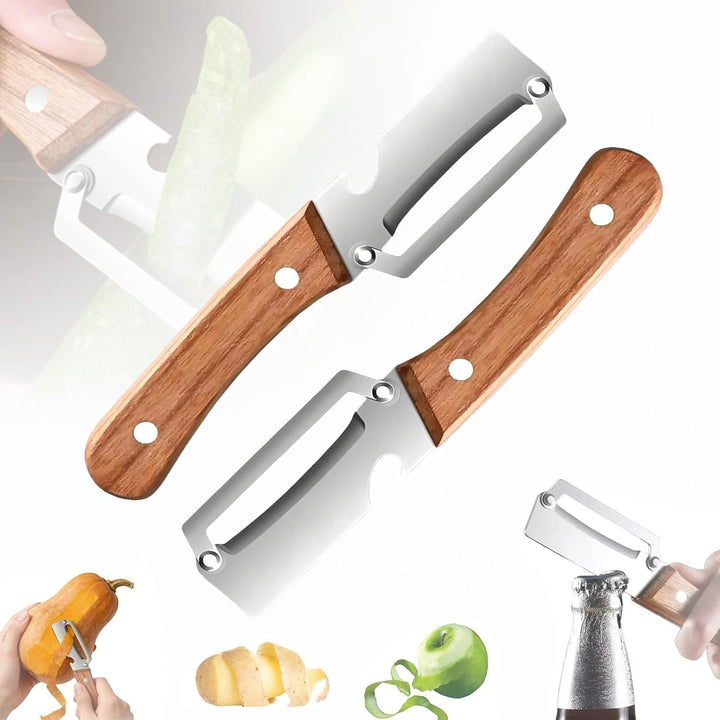 Pelapatate 2-in-1 per frutta e verdura in acciaio inox | Ampia superficie di taglio per melone e ananas | Manico in legno antiscivolo, incluso apribottiglie