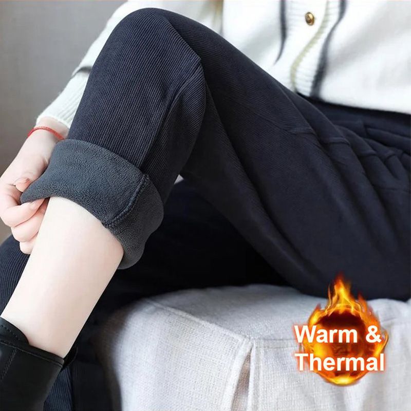 Damen Cordhose mit Fleecefutter | Hoch geschnittene Winterhose mit Taschen und leicht elastischer Passform