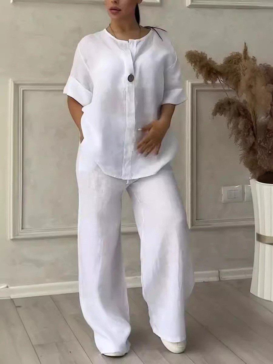 Women’s 2-Piece Set Made of Cotton &amp; Linen | V-Neck with Button Placket | Loose Fit, Long Sleeve for Everyday &amp; Leisure