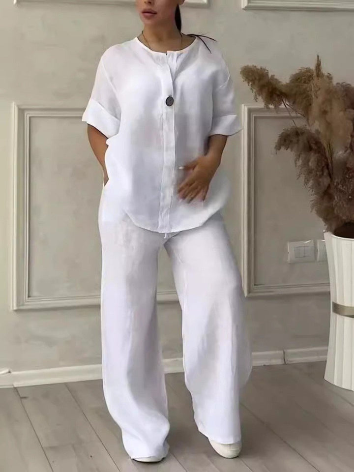 Women’s 2-Piece Set Made of Cotton &amp; Linen | V-Neck with Button Placket | Loose Fit, Long Sleeve for Everyday &amp; Leisure