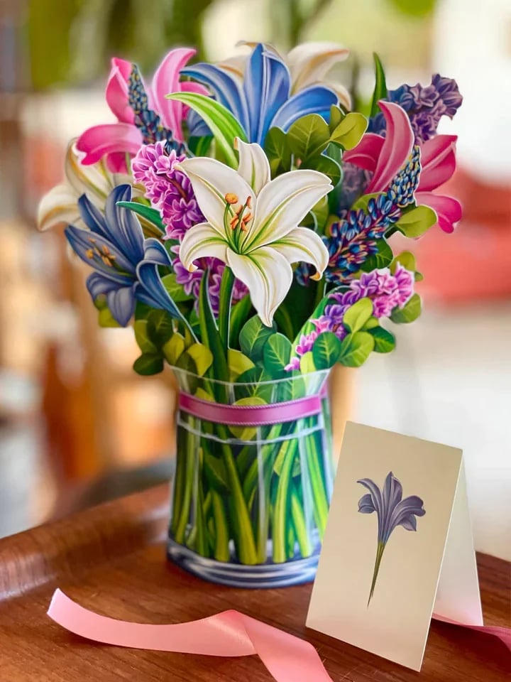 Pop-Up Papierblumenstrauß 3D | Blumenkarte mit Papiervase &amp; Grußkarte | Handgefertigt, langlebig | Deko-Geschenk 43×38 cm