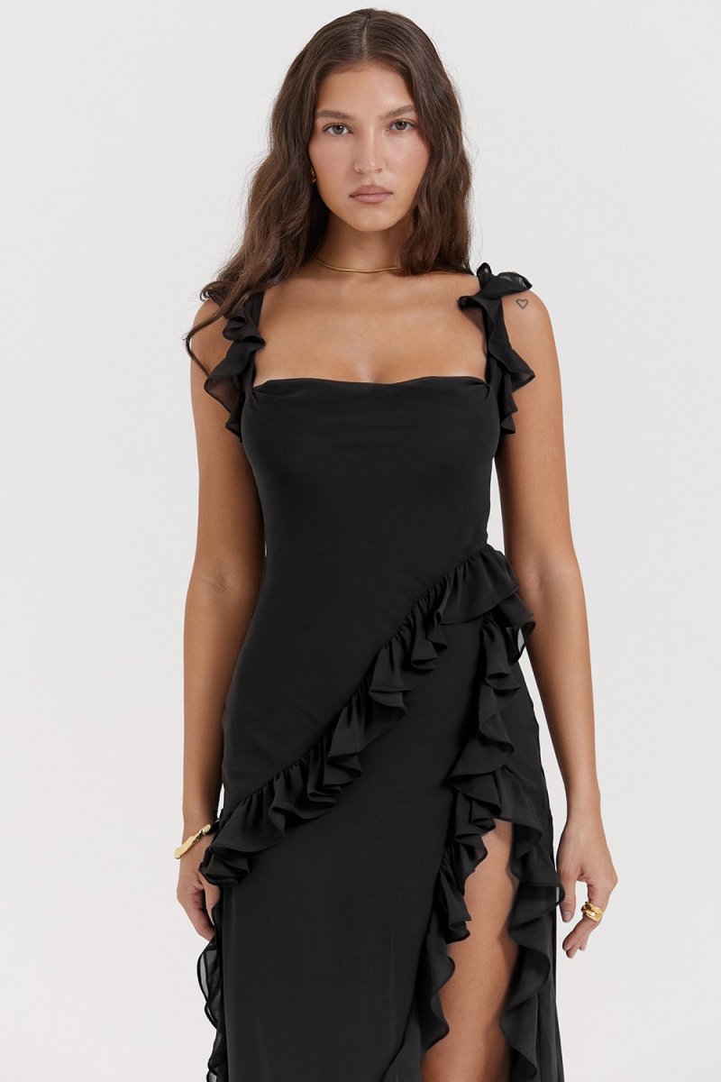 Damen Maxikleid mit Rüschen und High-Low-Saum | Bindeträger | Luftiger Look für Sommer und Events
