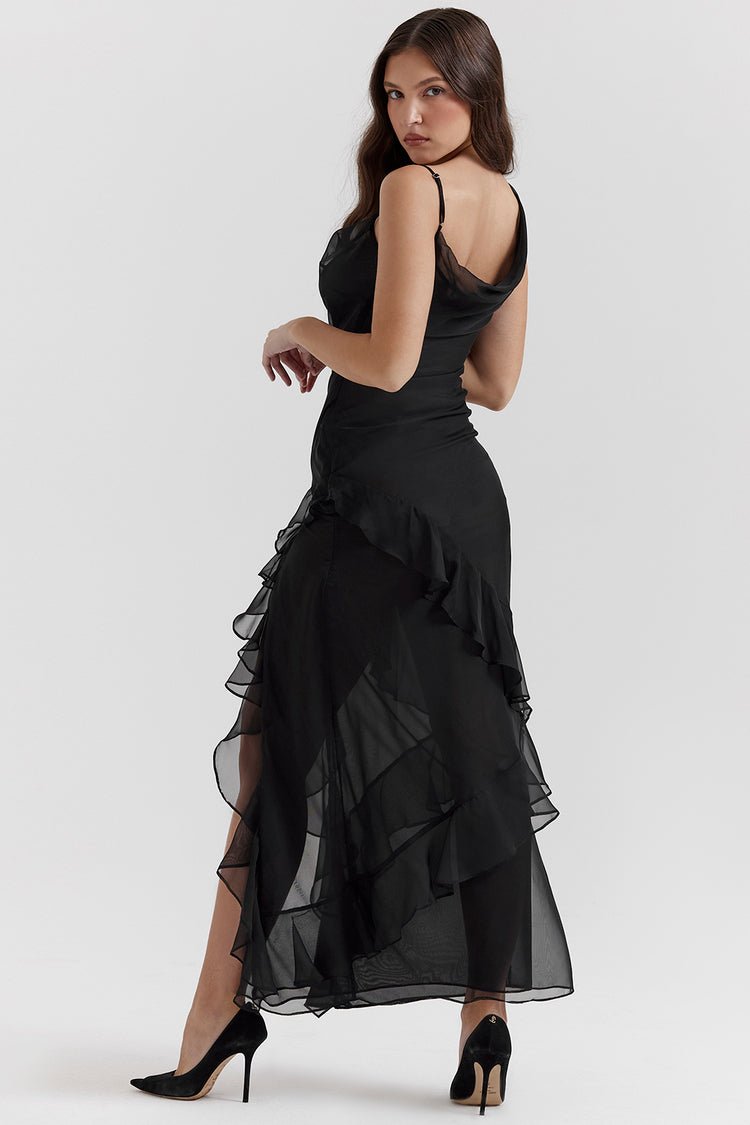 Damen Maxikleid mit Rüschen und High-Low-Saum | Bindeträger | Luftiger Look für Sommer und Events