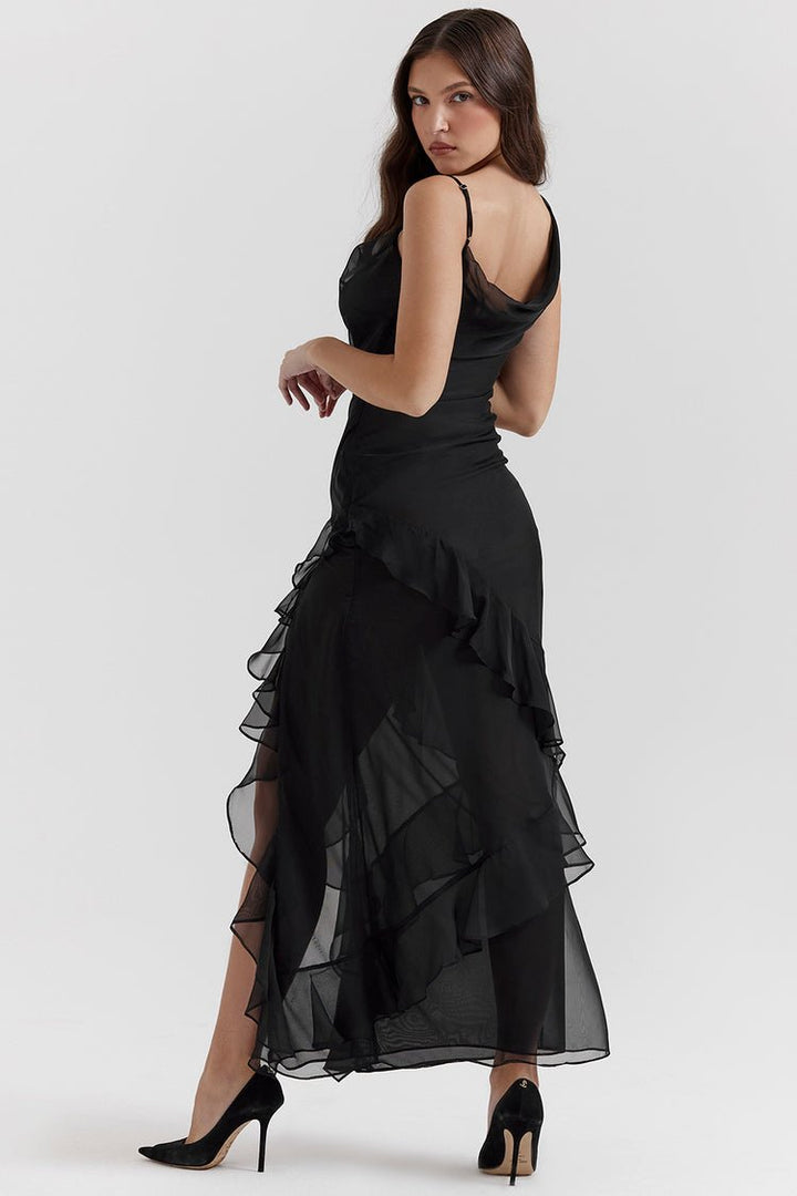 Damen Maxikleid mit Rüschen und High-Low-Saum | Bindeträger | Luftiger Look für Sommer und Events