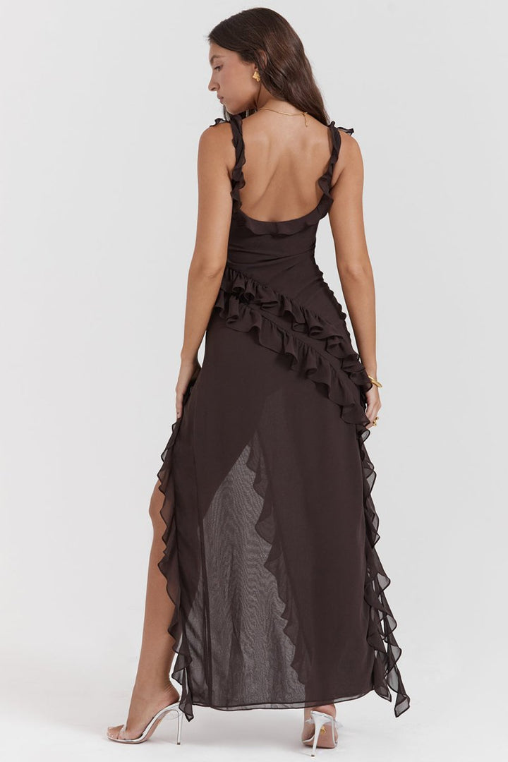 Damen Maxikleid mit Rüschen und High-Low-Saum | Bindeträger | Luftiger Look für Sommer und Events