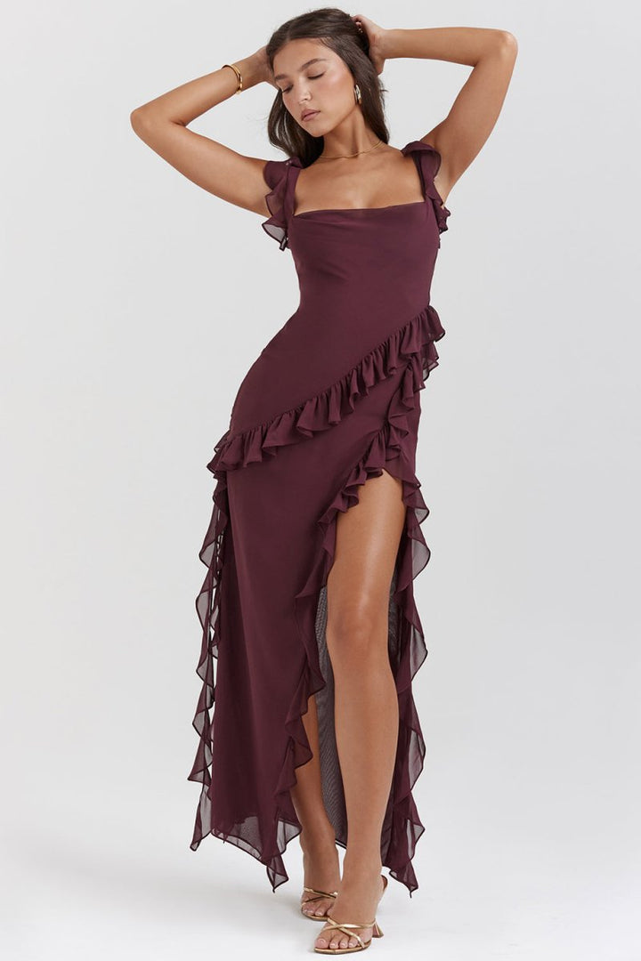 Damen Maxikleid mit Rüschen und High-Low-Saum | Bindeträger | Luftiger Look für Sommer und Events