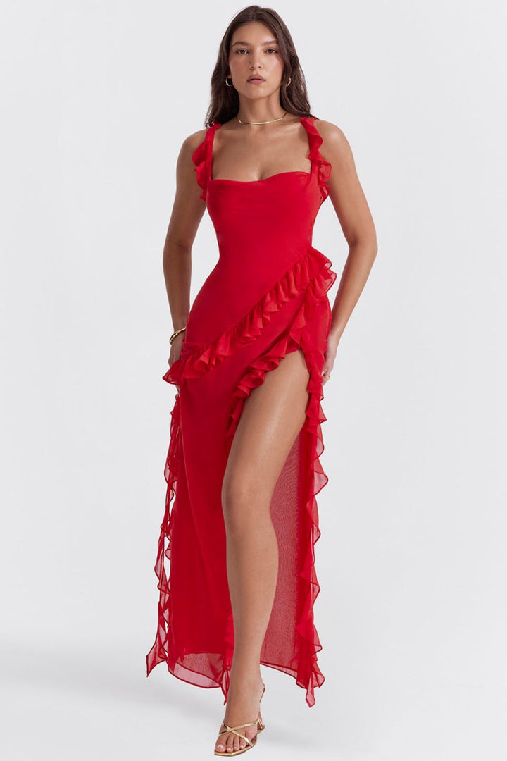 Damen Maxikleid mit Rüschen und High-Low-Saum | Bindeträger | Luftiger Look für Sommer und Events