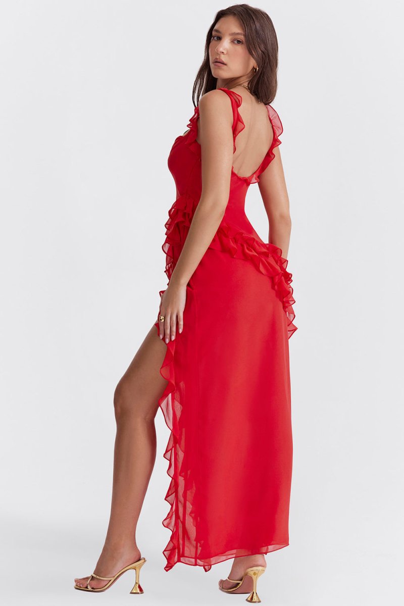 Damen Maxikleid mit Rüschen und High-Low-Saum | Bindeträger | Luftiger Look für Sommer und Events