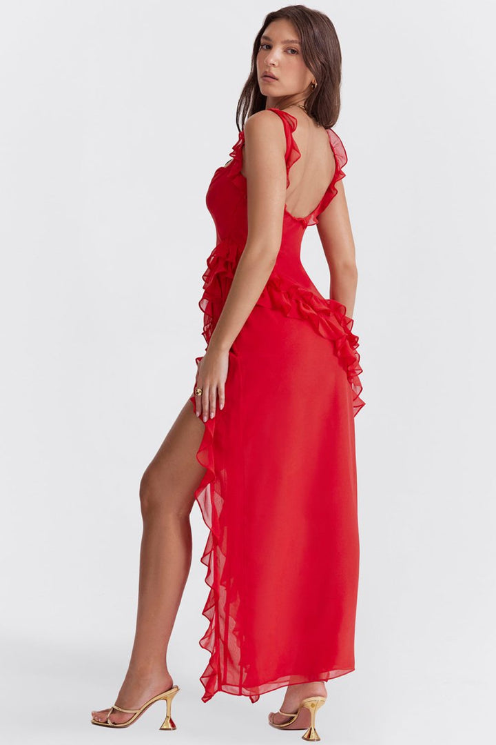 Damen Maxikleid mit Rüschen und High-Low-Saum | Bindeträger | Luftiger Look für Sommer und Events