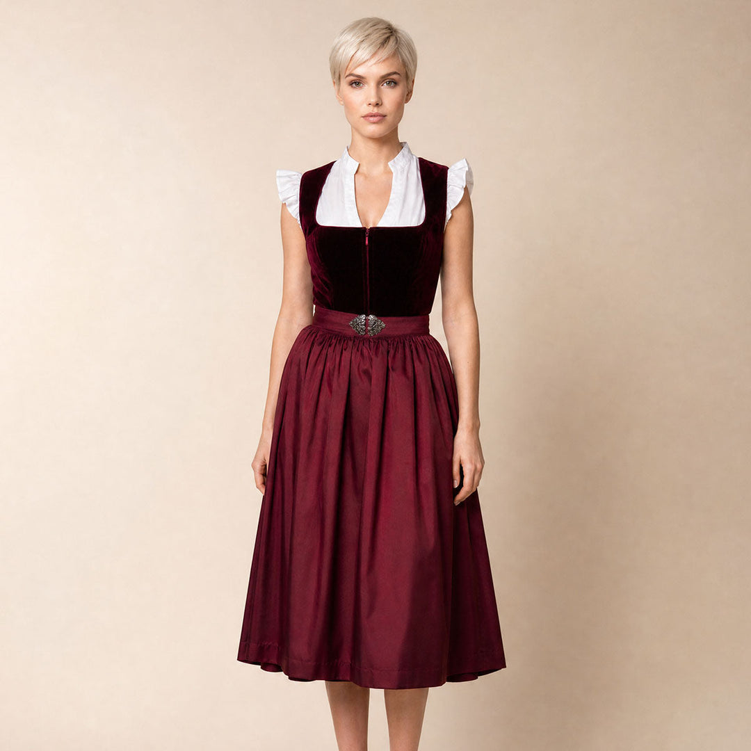 Damen Dirndl | Midi Trachtenkleid mit Samtmieder, Reißverschluss und 70 cm Rocklänge